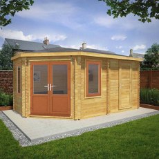 5mx3m Mercia Corner Lodge Plus Log Cabin with Side Shed (28mm to 44mm Logs) - UPVC oak with side shed on the right