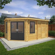 5mx3m Mercia Corner Lodge Plus Log Cabin with Side Shed (28mm to 44mm Logs) - UPVC anthracite grey with side shed on the right