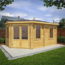 5mx3m Mercia Corner Lodge Log Cabin (28mm to 44mm Logs) - lifestyle doors closed with windows in the right