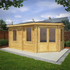 5mx3m Mercia Corner Lodge Log Cabin (28mm to 44mm Logs) - lifestyle doors closed with windows in the left