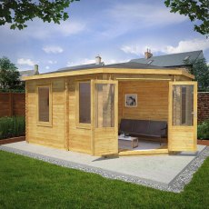 5mx3m Mercia Corner Lodge Log Cabin (28mm to 44mm Logs) - lifestyle doors open with windows in the left