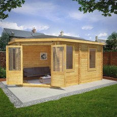 5mx3m Mercia Corner Lodge Log Cabin (28mm to 44mm Logs) - lifestyle doors open with windows in the right