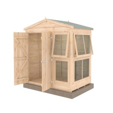 6x4 Shire Shiplap Apex Sun Hut Potting Shed - isolated angle view, doors open