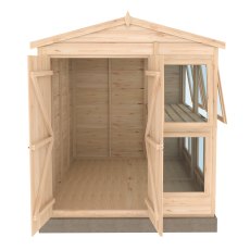 6x8 Shire Shiplap Apex Sun Hut Potting Shed - isolated front view, doors open