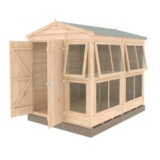 6x8 Shire Shiplap Apex Sun Hut Potting Shed - isolated angle view, doors open
