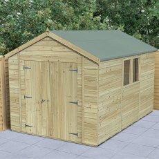 12 X 8 Forest Timberdale Tongue & Groove Apex Wooden Shed With Double Doors - Pressure Treated - In Situ - Doors closed