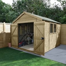 10 X 8 Forest Timberdale Tongue & Groove Apex Wooden Shed With Double Doors - Pressure Treated - in situ - Doors open