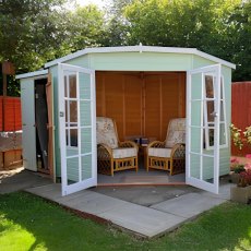 7x11 Shire Hampton Premium Corner Summerhouse with Side Shed - in situ, isolated angle view, doors open