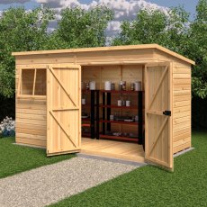 12 X 6 Shire Ranger Premium Pent Shed With Double Doors - in situ, angle view, doors open