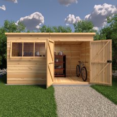 12 X 6 Shire Ranger Premium Pent Shed With Double Doors - in situ, front view, doors open