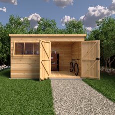 12 X 8 Shire Ranger Premium Pent Shed With Double Doors - in situ, front view, doors open