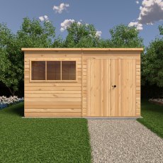 12 X 8 Shire Ranger Premium Pent Shed With Double Doors - in situ, front view, doors closed