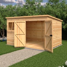 12 X 8 Shire Ranger Premium Pent Shed With Double Doors - in situ, angle view, doors open