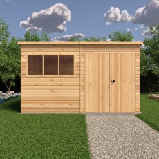 12x10 Shire Ranger Premium Pent Shed With Double Doors - in situ, front view, doors closed