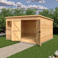 12x10 Shire Ranger Premium Pent Shed With Double Doors - in situ, angle view, doors open