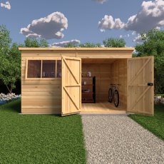 12x10 Shire Ranger Premium Pent Shed With Double Doors - in situ, front view, doors open