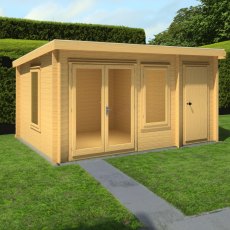 10Gx14 Shire Elm Log Cabin with Side Shed in 19mm Logs - angle view