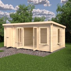 10G x 17  Shire Elm Pent Log Cabin With Side Storage (19mm Logs) - in situ, angle view, doors open