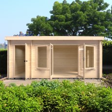 10G x 17  Shire Elm Pent Log Cabin With Side Storage (19mm Logs) - in situ, front view, doors open