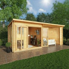 6mx3m Mercia Studio Pent Log Cabin With Outdoor Area (28mm to 44mm Logs) - doors open