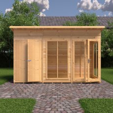 12 X 4 Shire Lela Pent Summerhouse With Side Shed - in situ, front view, doors closed