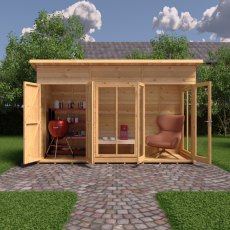 12 X 4 Shire Lela Pent Summerhouse With Side Shed - in situ, front view, doors open