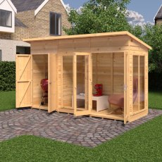 12 X 4 Shire Lela Pent Summerhouse With Side Shed - in situ, angle view, doors open