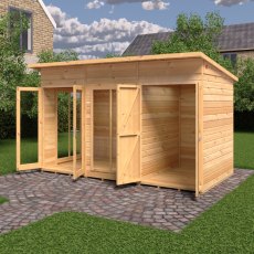 12 x 6 Shire Lela Pent Summerhouse With Side Shed - in situ, angle view, doors open