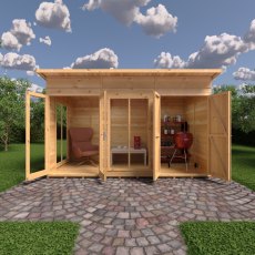 12 x 6 Shire Lela Pent Summerhouse With Side Shed - in situ, front view, doors open