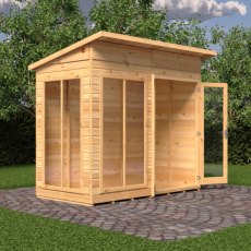 8 x 4 Shire Lela Pent Summerhouse - in situ, angle view, doors open