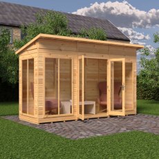 12 x 4 Shire Lela Pent Summerhouse - in situ, angle view, doors open