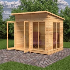 8 X 6 Shire Lela Pent Summerhouse - in situ, angle view, doors open