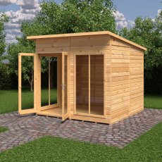 8 x 8 Shire Lela Pent Summerhouse - in situ, angle view, doors open