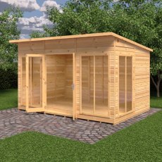 12 x 8 Shire Lela Pent Summerhouse - in situ, angle view, doors open