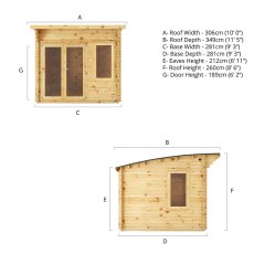 3mx3m Mercia Helios Curved Roof Log Cabin in 44m Logs - Double Glazed - dimensions