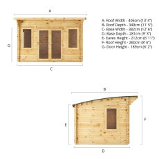 4mx3m Mercia Helios Curved Roof Log Cabin in 44m Logs - Double Glazed - dimensions