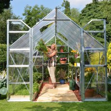 8x12 Palram - Canopia Balance Greenhouse - Silver - in situ, front view, doors open