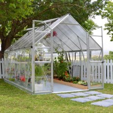 8x12 Palram - Canopia Balance Greenhouse - Silver - in situ, angle view, doors open