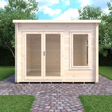 10Gx10 Shire Emneth Pent Log Cabin In 19mm Logs - in situ, front view, doors closed