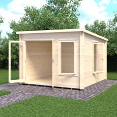 10Gx10 Shire Emneth Pent Log Cabin In 19mm Logs - in situ, angle view, doors open