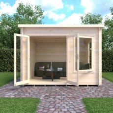 10Gx10 Shire Emneth Pent Log Cabin In 19mm Logs - in situ, front view, doors open