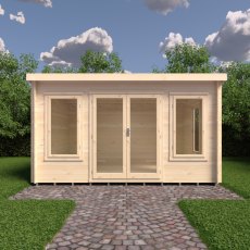 10Gx13 Shire Emneth Pent Log Cabin In 19mm Logs - in situ, front view, doors closed