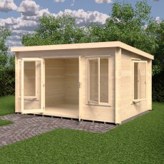 10Gx13 Shire Emneth Pent Log Cabin In 19mm Logs - in situ, angle view, doors open