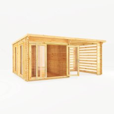 6m x 3m Mercia Studio Pent Log Cabin With Slatted Area - White Background, Doors Open