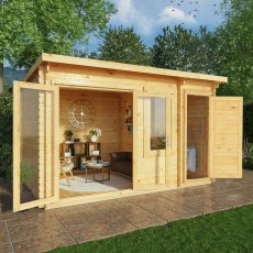 4.1m x 3m Mercia Elite Pent Log Cabin With Side Shed - In Situ, Doors Open