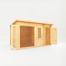 4.1m x 3m Mercia Elite Pent Log Cabin With Side Shed - White Background, Doors Open