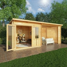 6m x 3m Mercia Elite Pent Log Cabin With Patio Area - In Situ, Doors Open