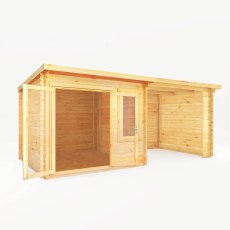 6m x 3m Mercia Elite Pent Log Cabin With Patio Area - White Background, Doors Open