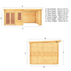 6m x 3m Mercia Elite Pent Log Cabin With Patio Area - Dimensions