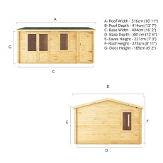 5.1mx4m Mercia Home Office Elite With Side Shed - (28mm to 44mm Logs) - dimensions